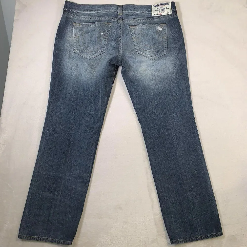 True Religion Jeans Mens 44x32 Blue Slim Straight Medium Wash‎ Stretch Denim